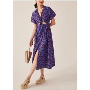 Anthropologie Twist Waist Midi Shirt Dress XS Blue Purple Zebra Print Cut-Out